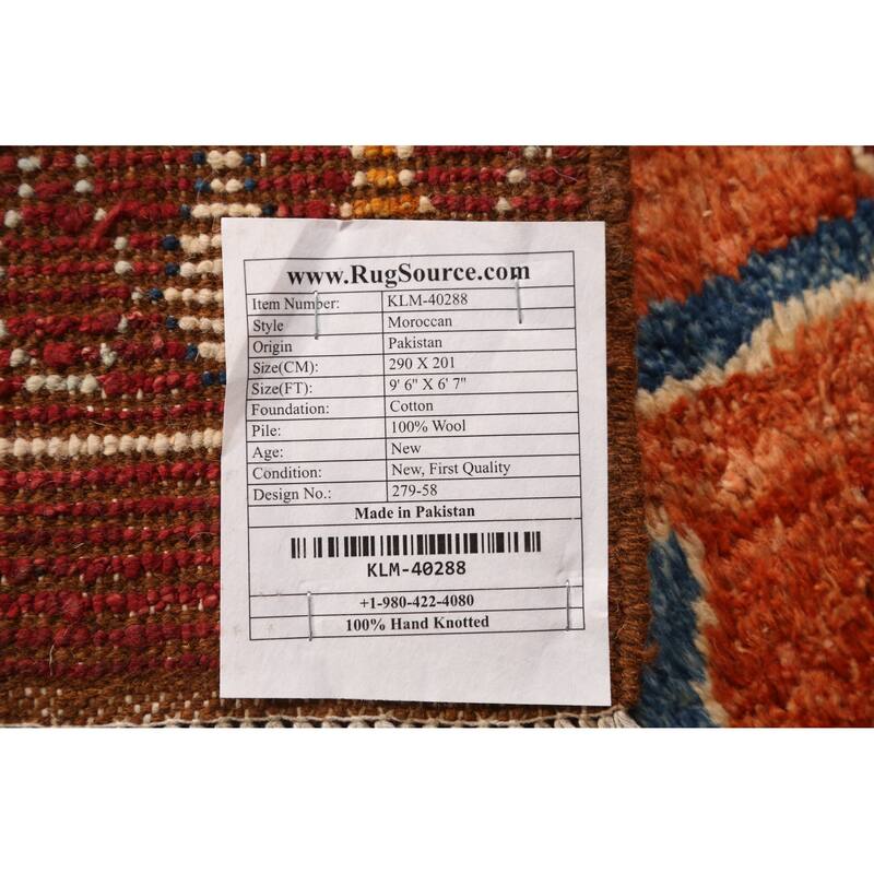 Orange Tribal Geometric Moroccan Rug Hand-Knotted Wool Carpet - 6'7" x 9'6"