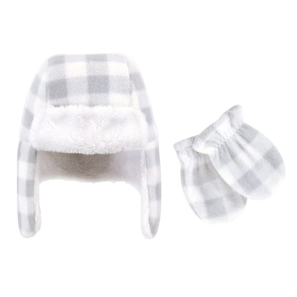 slide 1 of 1, Hudson Baby Infant and Toddler Fleece Trapper Hat and Mitten 2pc Set, Gray White Plaid 0-6 Months - Gray White Plaid Baby