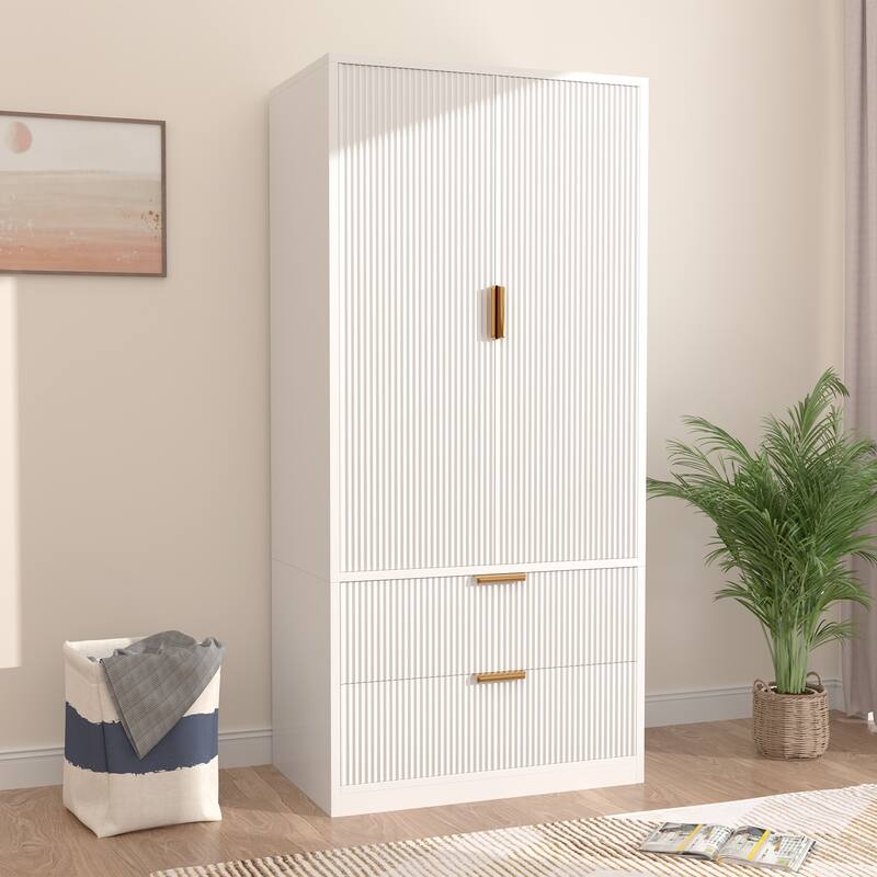 Gymojoy 2 Door Armoire Wardrobe Closet with Drawers, Modern Fluted Bedroom Storage Cabinet