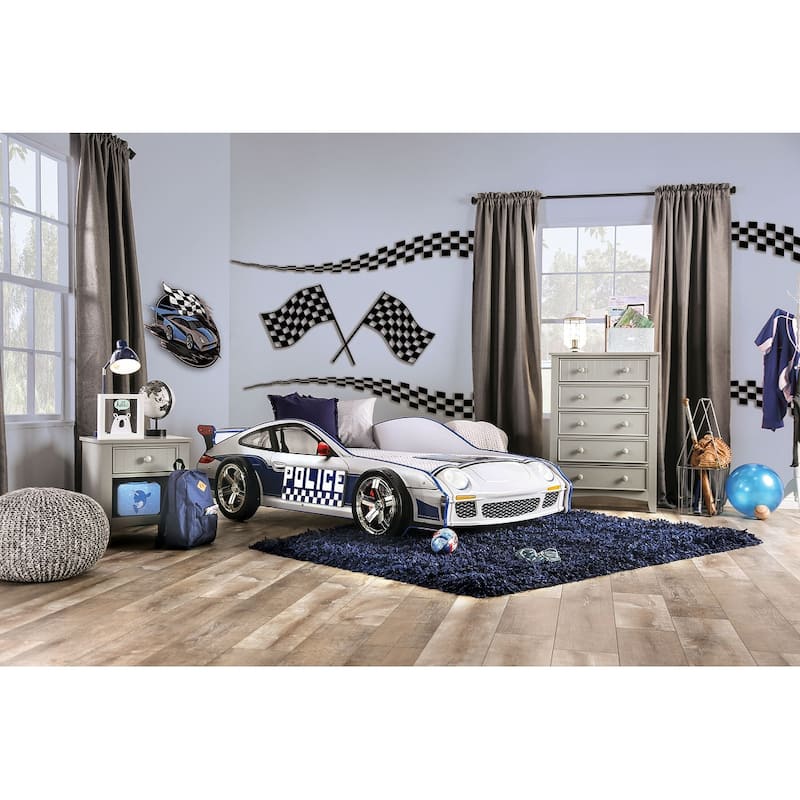 Modern Twin Bed Police Car Design with LED Lights, High Gloss Finish, and Metal Structure - Blue