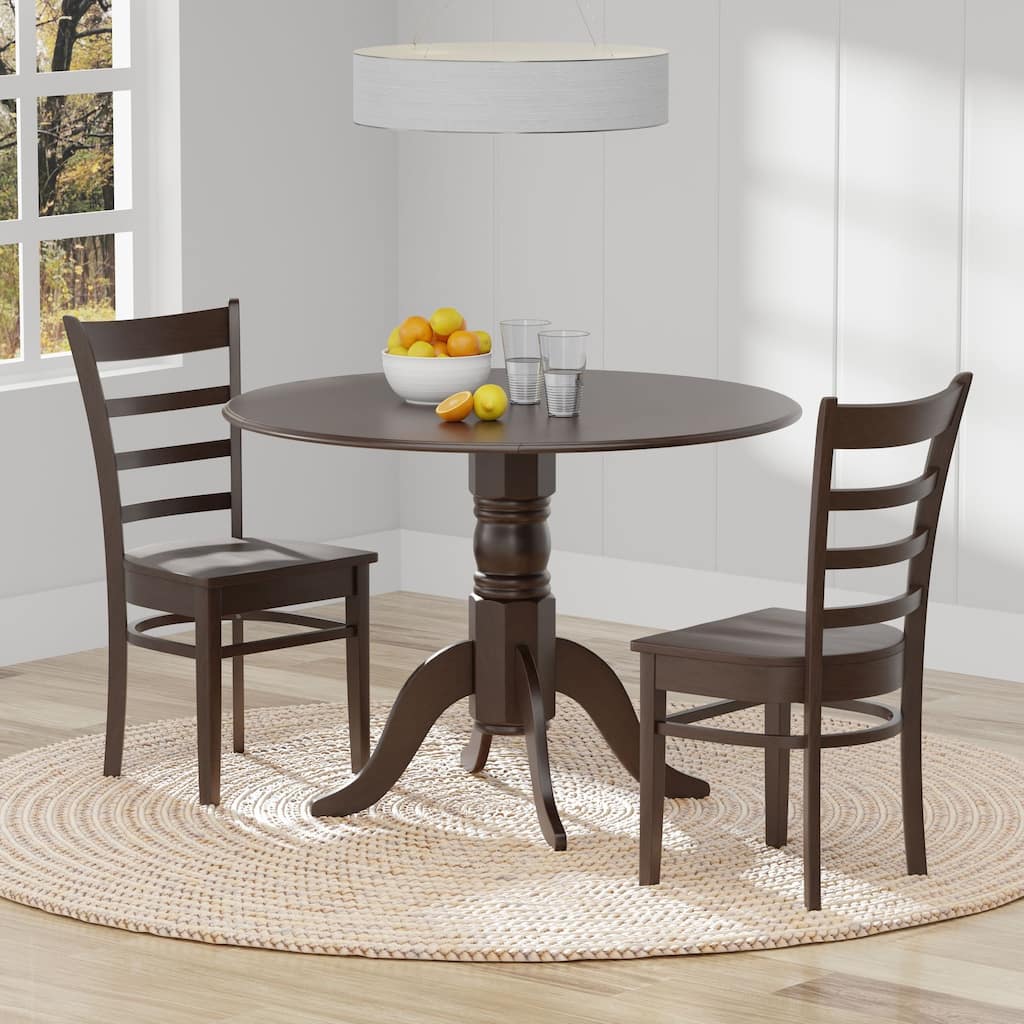 3-Piece Dining Set, 42" Round Drop-Leaf Table and Slat Back Chairs
