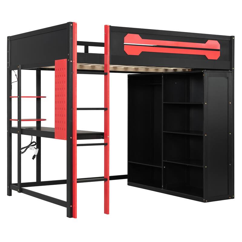 Full Size Gaming Loft Bed with Desk & Wardrobe, Wooden Storage Bed with RGB LED Lighting, Charging Station