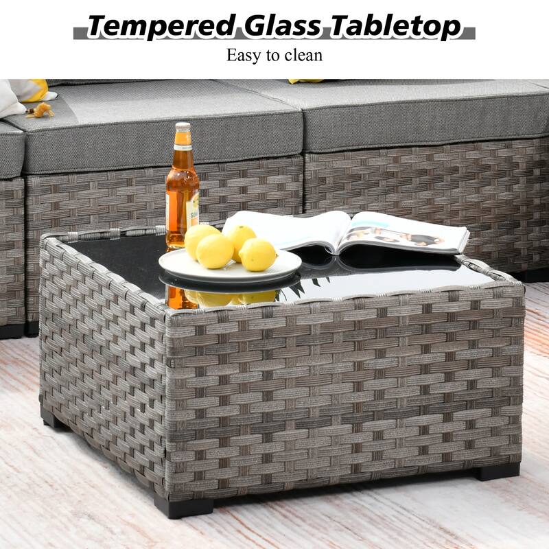 HOOOWOOO 9-piece Wicker Outdoor Modular Wide Armrest Sectional Set Fire Pit Set
