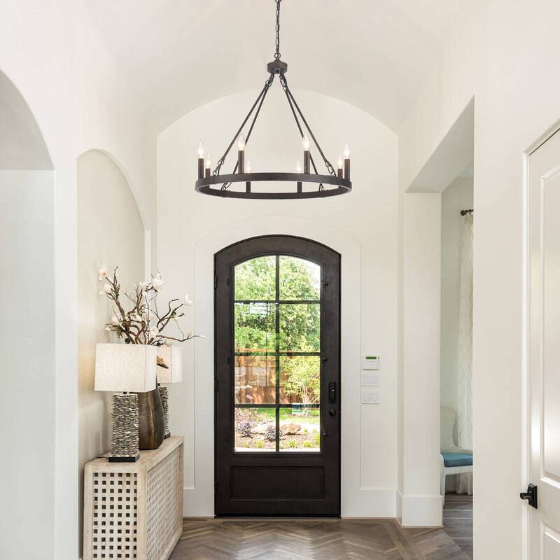 25.98" Wide 8-Light Farmhouse Chandelier, Wagon Wheel Chandelier for Dining Room Living Room Bedroom Kitchen