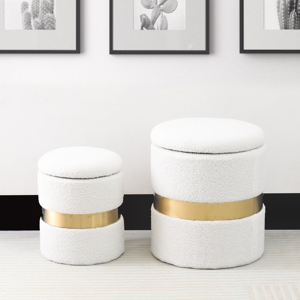 Adeco Set of 2 Velvet Storage Ottoman Round Foot Stool Metal Band