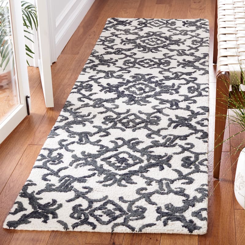 SAFAVIEH, Handmade Blossom Vesela Modern Floral Wool Rug - 2'3" x 8' Runner - Ivory/Black