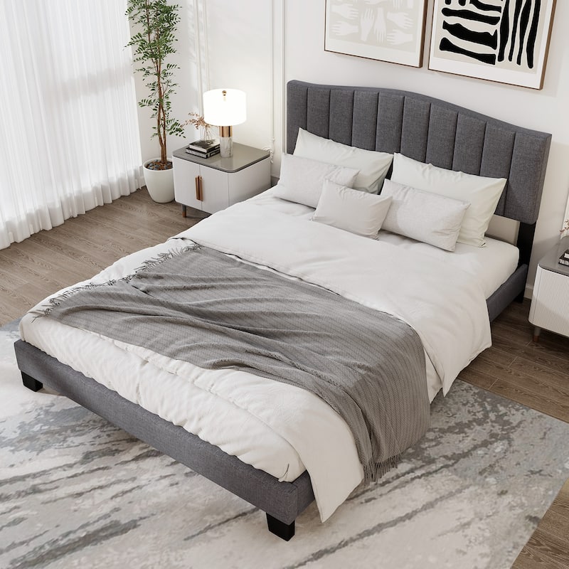 Gray Upholstered Queen Platform Bed Frame with Adjustable Tufted Headboard Wooden Slats and Low Profile Design - Grey-Black