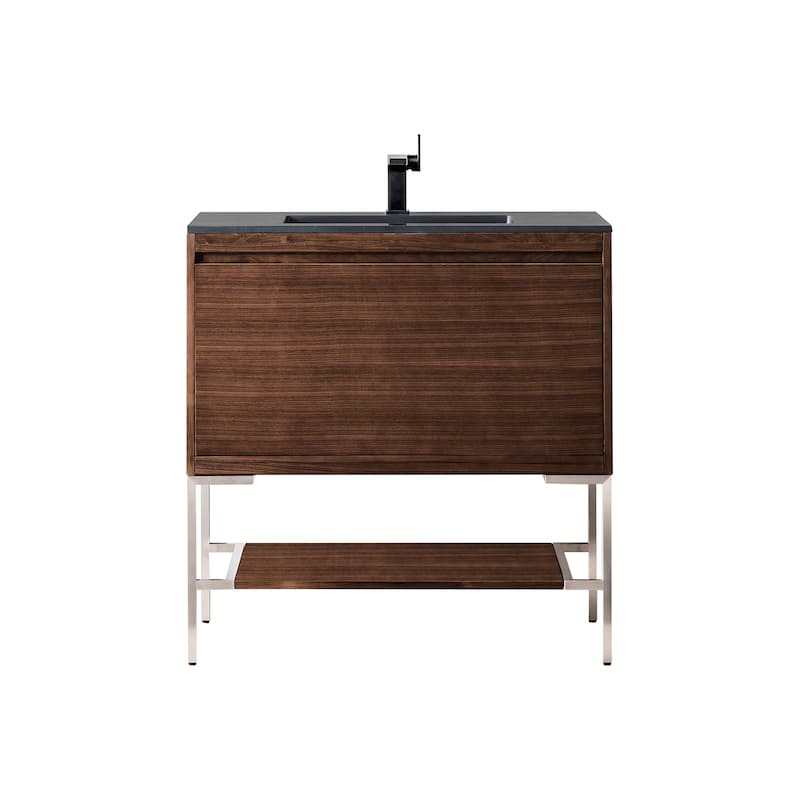 James Martin Vanities Mantova 35.4" Single Vanity Cabinet, Mid-Century Walnut - Brushed Nickel Base, Charcoal Black Top