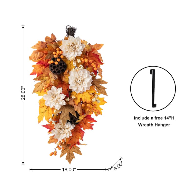 Glitzhome 26"H Fall Sunflower Pumpkin Lotus Leaf Teardrop Swag Wreath Thanksgiving