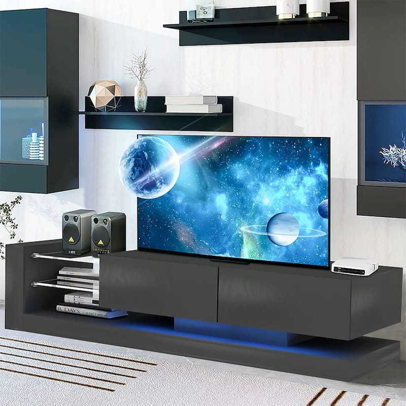 70"W Modern LED TV Stand, 2 Cabinets, 2 Glass Shelves, Outlet - 70.8"L x 14.96"W x 14.96"H