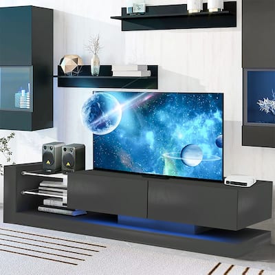 70"W Modern LED TV Stand, 2 Cabinets, 2 Glass Shelves, Outlet - 70.8"L x 14.96"W x 14.96"H