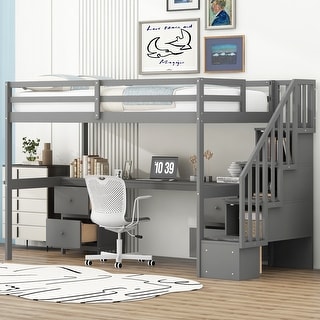 Gray Twin Size Solid Wood Loft Bed with Built-in Desk and Double Storage Drawers