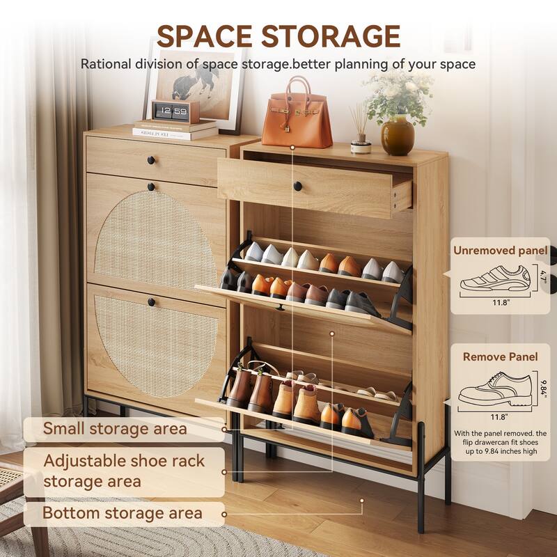 2-Door Shoe Storage Cabinet with Rattan Fronts & Drawer/Freestanding Entryway Organizer with Adjustable Shelf