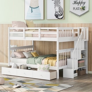 Full over Full Bunk Bed with Drawer, Storage Staircase, White
