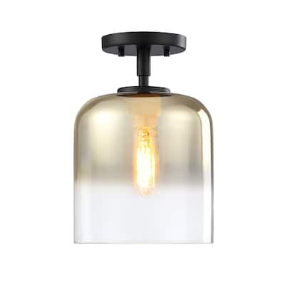 Gatsby 8.5 in. 1-Light Matte Black Mid-Century Modern Semi Flush Mount with Gold Ombre Shade for Bedrooms - 12.5