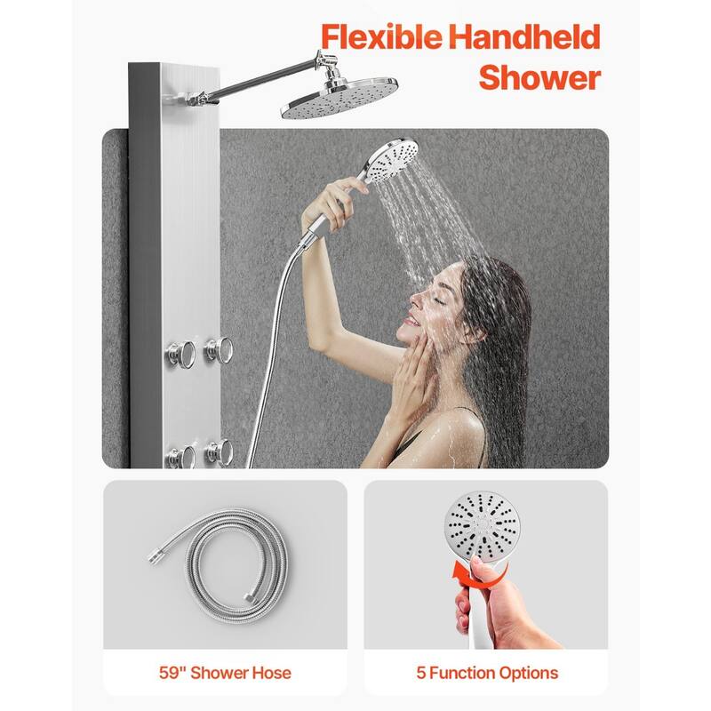 Silver Wall Mounted 3-in-1 Shower Panel Tower with Rainfall Head and Massage Jets Handheld Sprayer - 48.8” x 7.9” x 17.7”