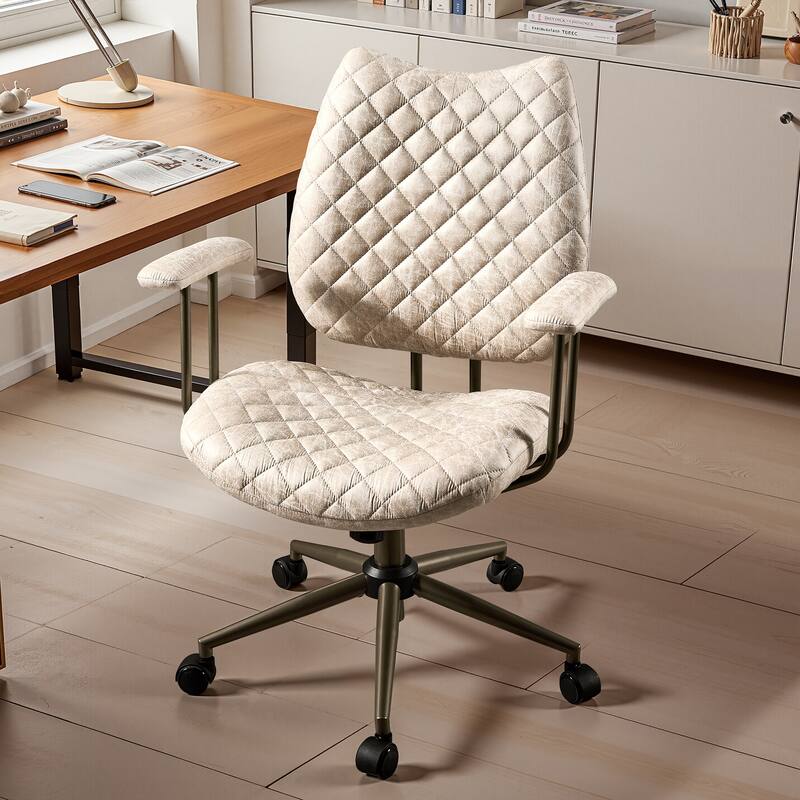 HOOOWOOO Mid-Century Leather Ergonomic Office Chair Adjustable Swivel Task Chair - Suede-White