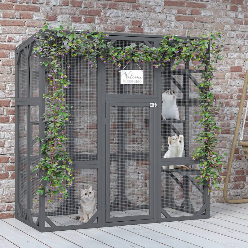 Roomfitters Large Wooden Catio Enclosure, Outdoor Cat House with 6 Platforms, Waterproof Roof, and Large Entry Door, Gray