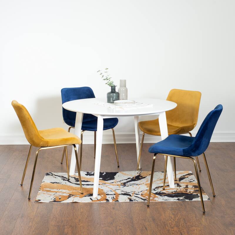 Modern Dining Set with Round Table & Velvet Upholstered Chairs - 5-Piece Sets - White+Blue+Yellow