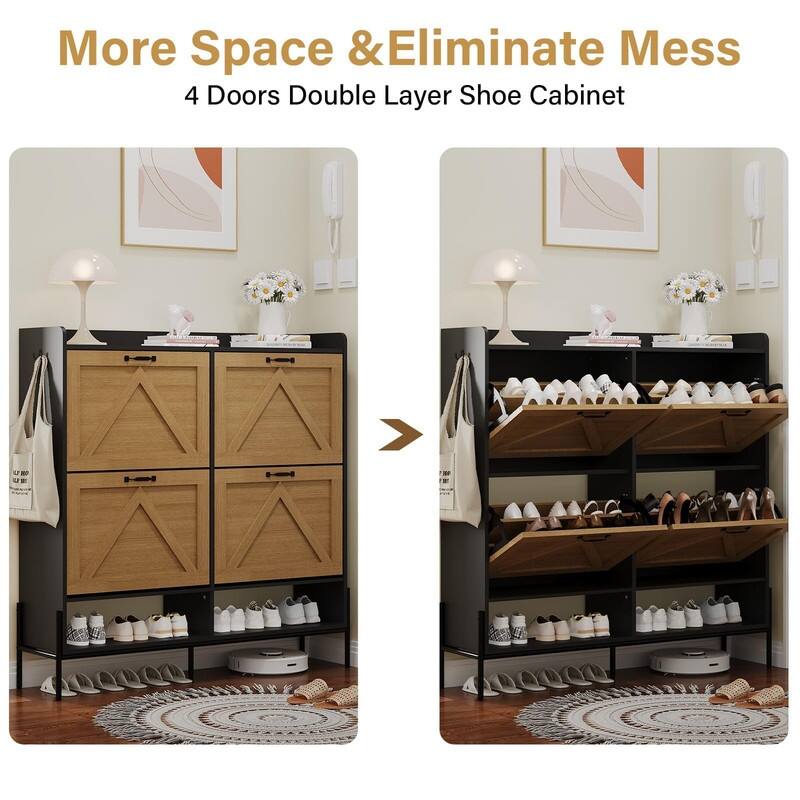 Shoe Cabinet with 4 Flip Drawers and Open Shelves