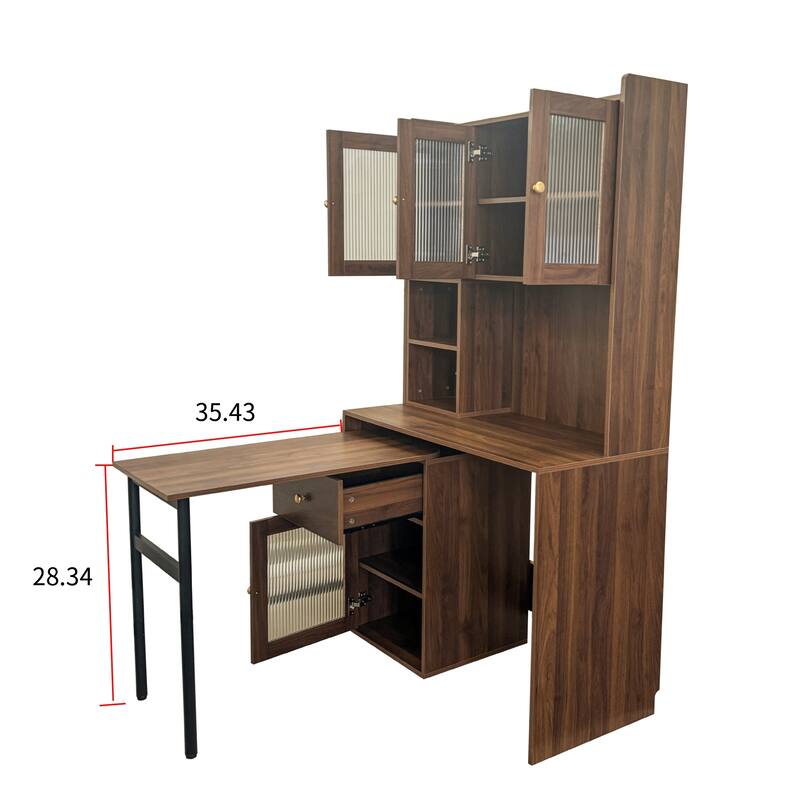 Roomfitters Computer Desk with Hutch and Rotating Table, Home Office Workstation with Glass Cabinet Doors