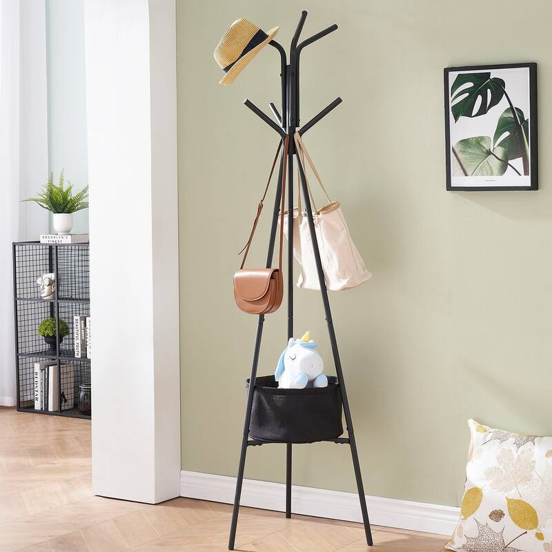 Javlergo Coat Rack, Freestanding Coat Rack with 6 Hooks and one Storage Basket Tree Coat Racks for Bedroom, Hallway