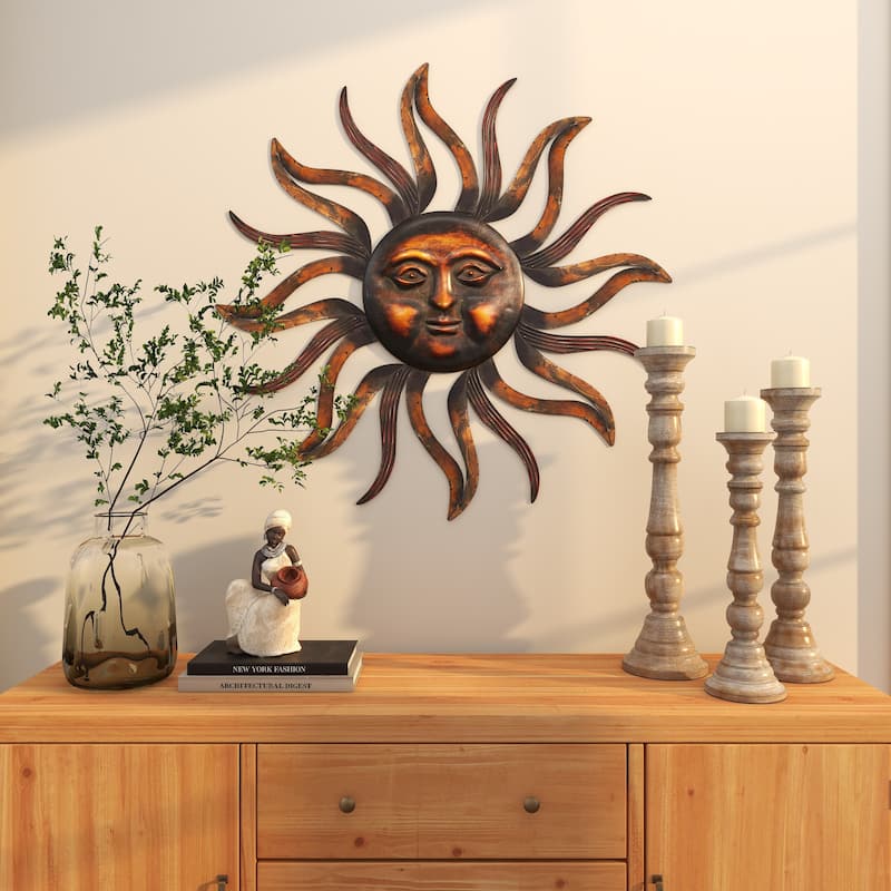 Brass Metal Sun Home Wall Decor with Distressed Copper Like Finish