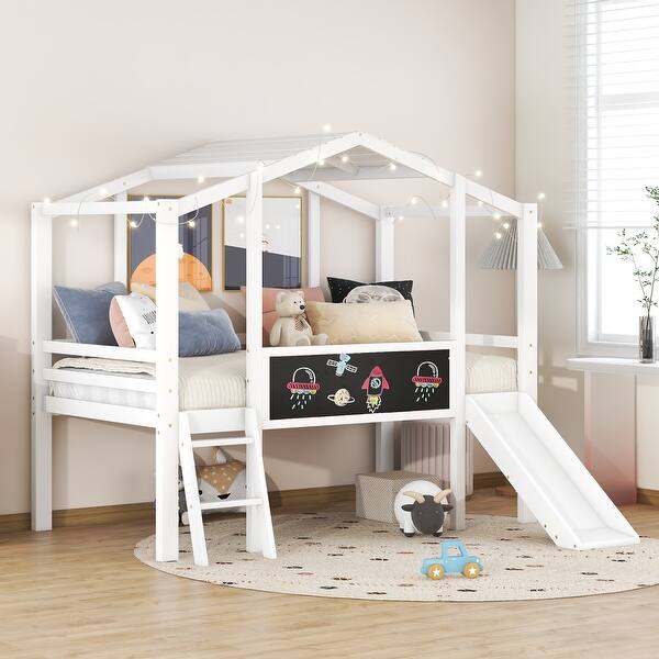 slide 2 of 18, Twin Size Loft House Bed with Ladder and Slide, Blackboard and Light Strip on The Roof