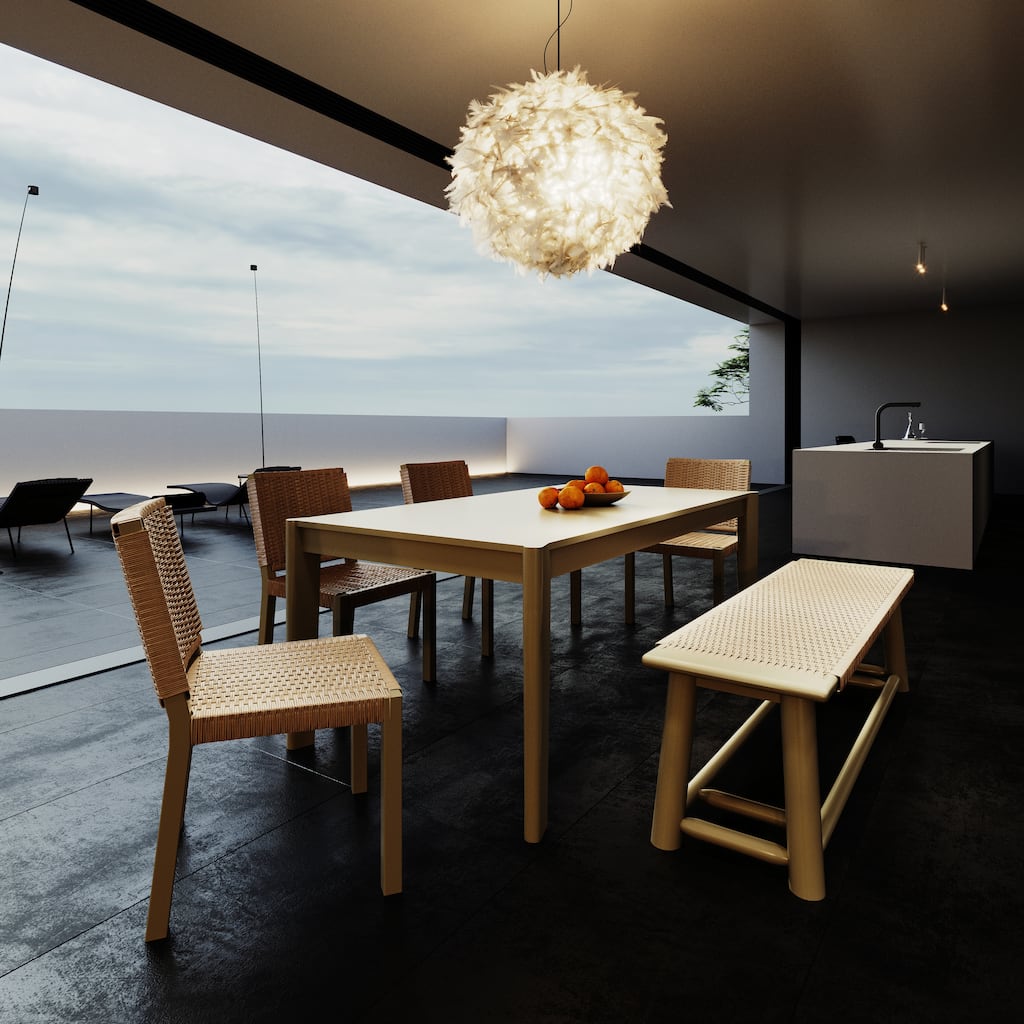 Modern Farmhouse Extendable Dining Table Set with Solid Wood Rattan Chairs-Expandable 59" to 73" for 4-8 Guests