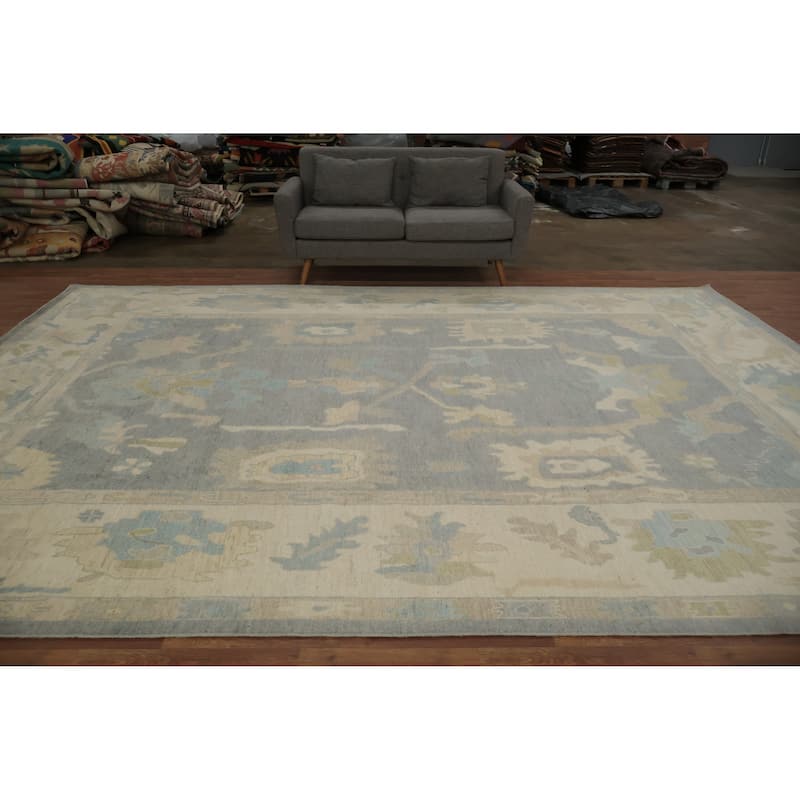 Hand Knotted Oriental 100% Wool Carpet Transitional All-Over Greys & Charcoal Oushak Area Rug - 14' 0'' X 10' 2''