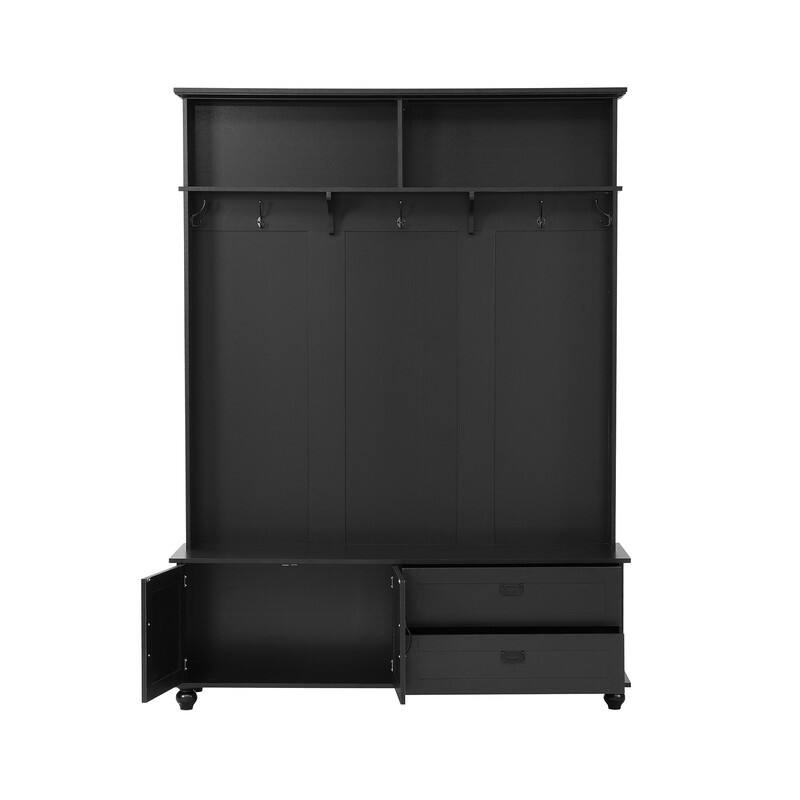 59"W Hall Tree Bench with 5 Coat Hooks,Storage Cabinet and 2 Large Drawers