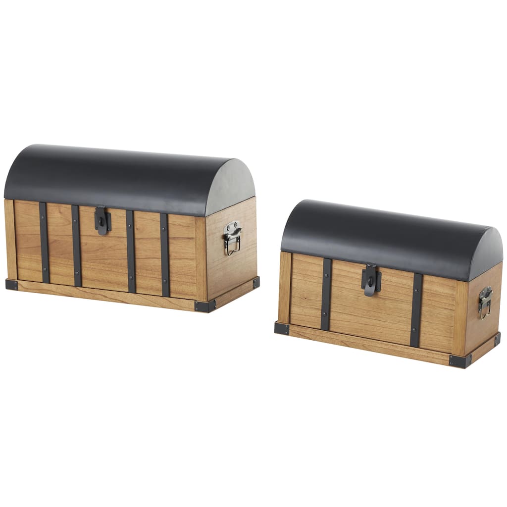 Wooden Studded Storage Decorative Trunk with Black Metal Arched Tops and Vertical Strips - Set of 2 Brown - Roche River Decor