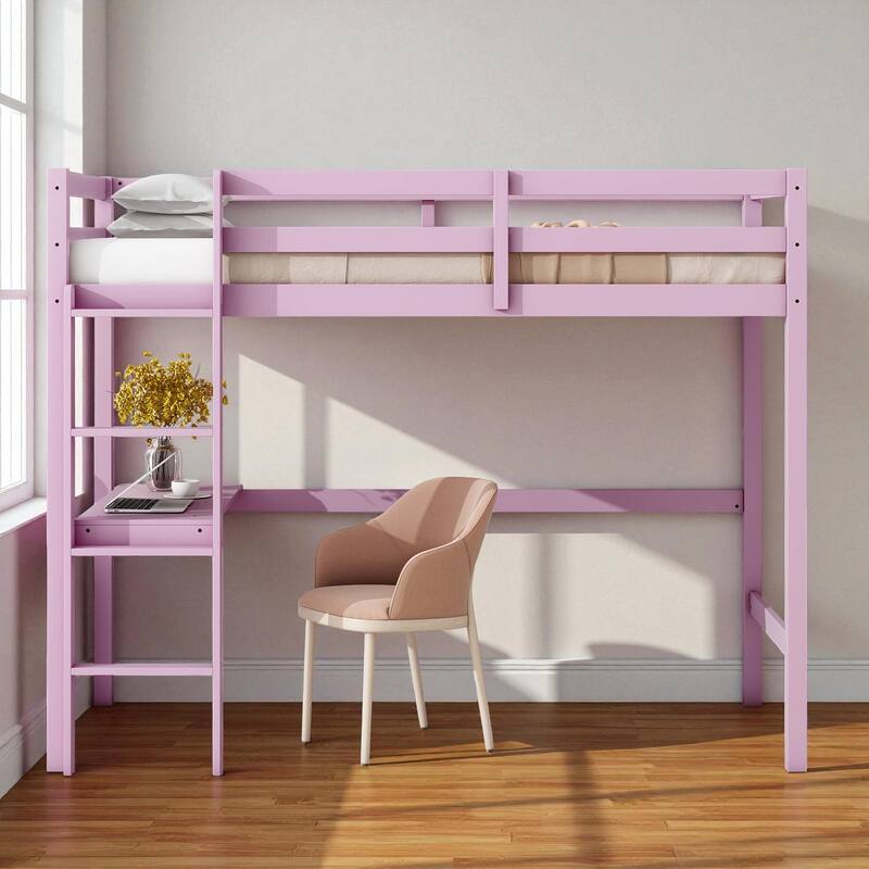 Twin Size Wooden High Loft Bed with Built-in Desk and Ladder, Solid Rubber Wood Loft Bed with Safety Guardrails