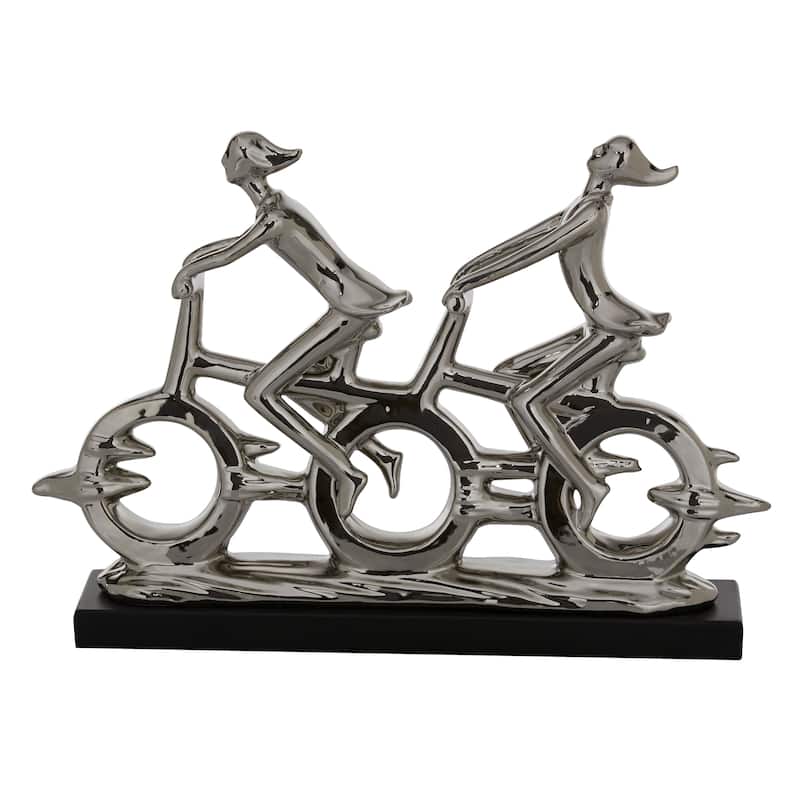 Silver Polystone People Decorative Sculpture with Bike - 18 x 3 x 13