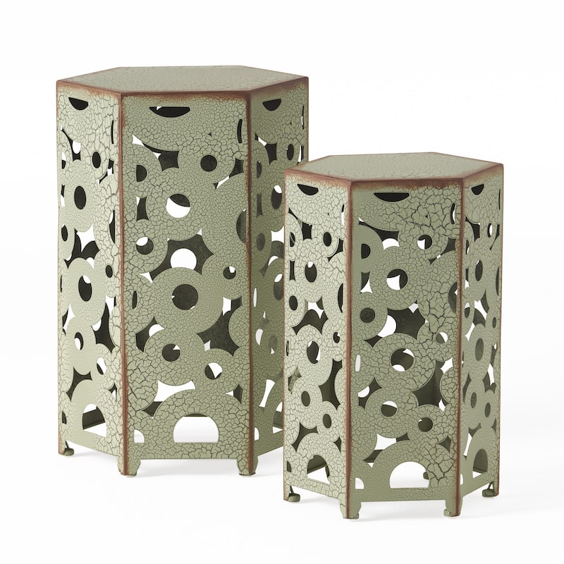 Silva Accent Table Set of 2, Hexagonal Top, Cut Pattern, Green Iron