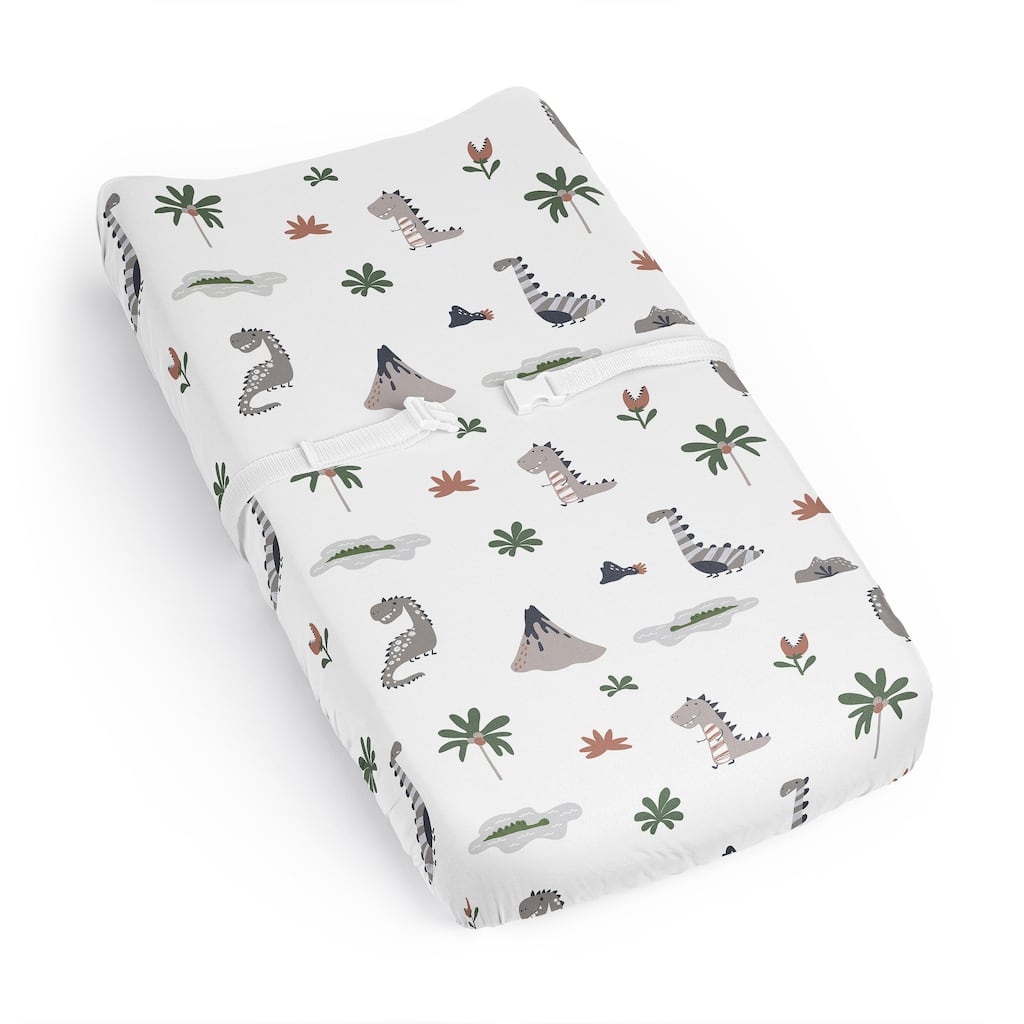 Sweet Jojo Designs Modern Dinosaurs Boy Girl Gender Neutral Unisex Changing Pad Cover Sheet Beige Grey Dino Reptile Trex Green