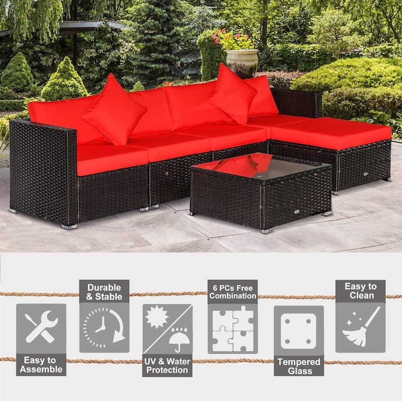 Outsunny 6-Piece Outdoor Patio Rattan Wicker Furniture Set with Comfortable Cotton Cushions, Removable Slip Covers