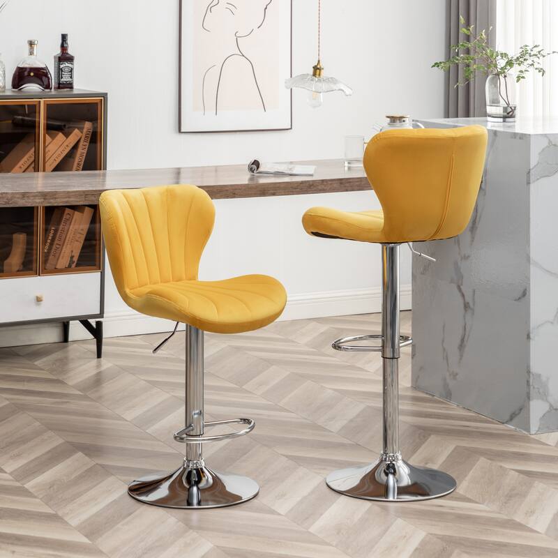 Set of 2 Adjustable Swivel Barstools with Upholstered Bucket Seats and Chrome Footrest.