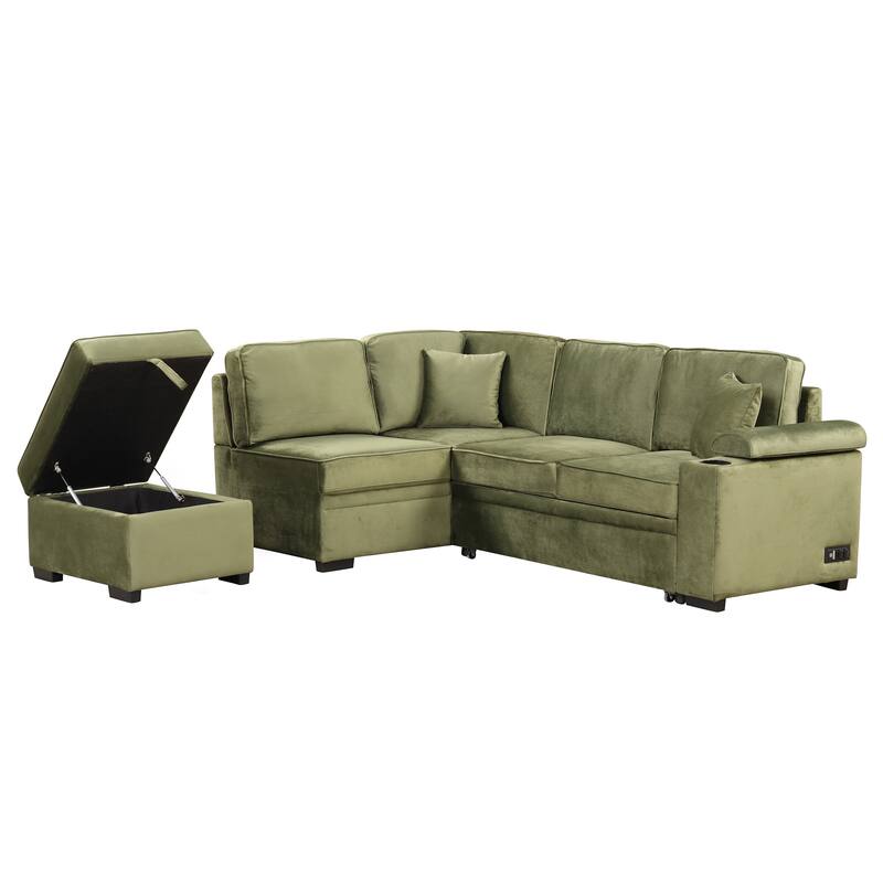 Sleeper Sofa Bed with Storage Ottoman, 2 in 1 Convertible Sectional Sofa Couch, Velvet 4-Seater Sofa with Cup Holder