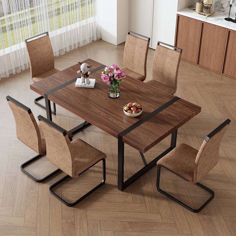 Roomfitters 7/9pcs Walnut Dining Table Set with Technology Fabric Chairs and Arched Black Metal Legs, Walnut