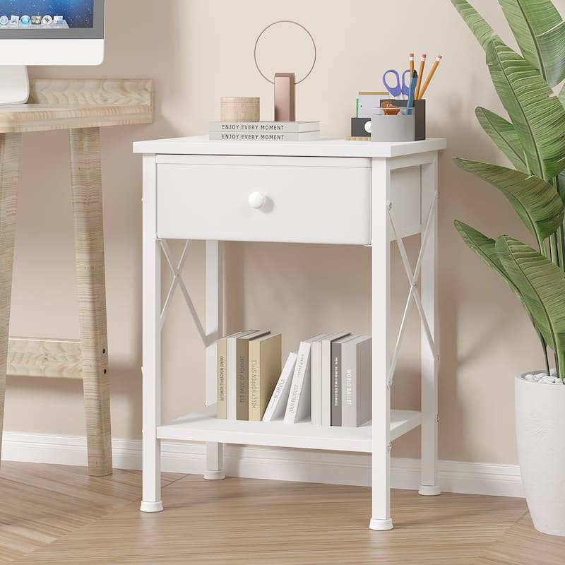 VECELO X Frame Nightstand with Removable Fabric Drawer Easy to Clean Nightstand Multifunctional End Table with Open Shelf - Wine