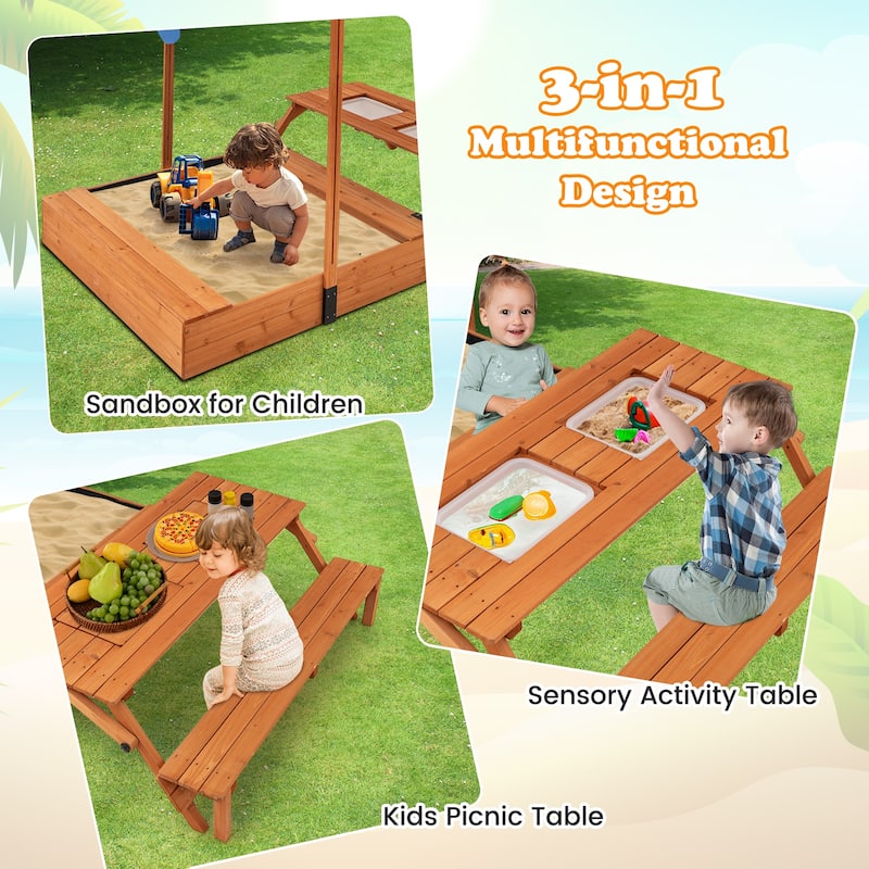 3-in-1 Wooden Sandbox with Canopy Table Bench and Storage Bins Outdoor Playset for Kids - 81" x 49" x 51"