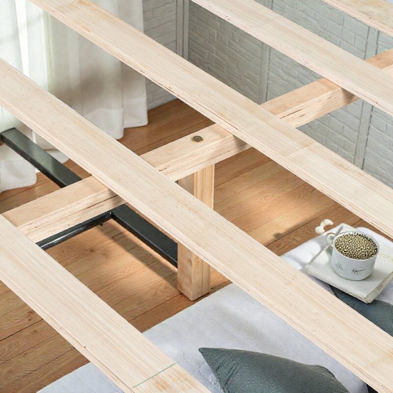 Premium Pine Wood Queen/King Bed Frame with Headboard, Mid Century Modern Platform Bed, Sturdy MDF Construction