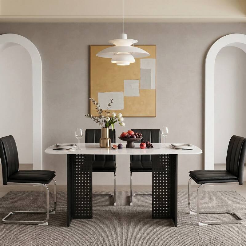Rectangular Tempered Glass Dining Table for 6, Featuring a Marble-Patterned Design with black Hollow-Out Metal Legs