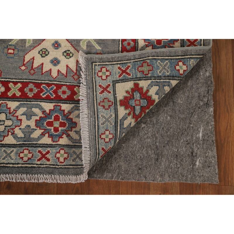 Gray Geometric Kazak Area Rug Hand-Knotted Oriental Wool Carpet - 4'11" x 6'6"