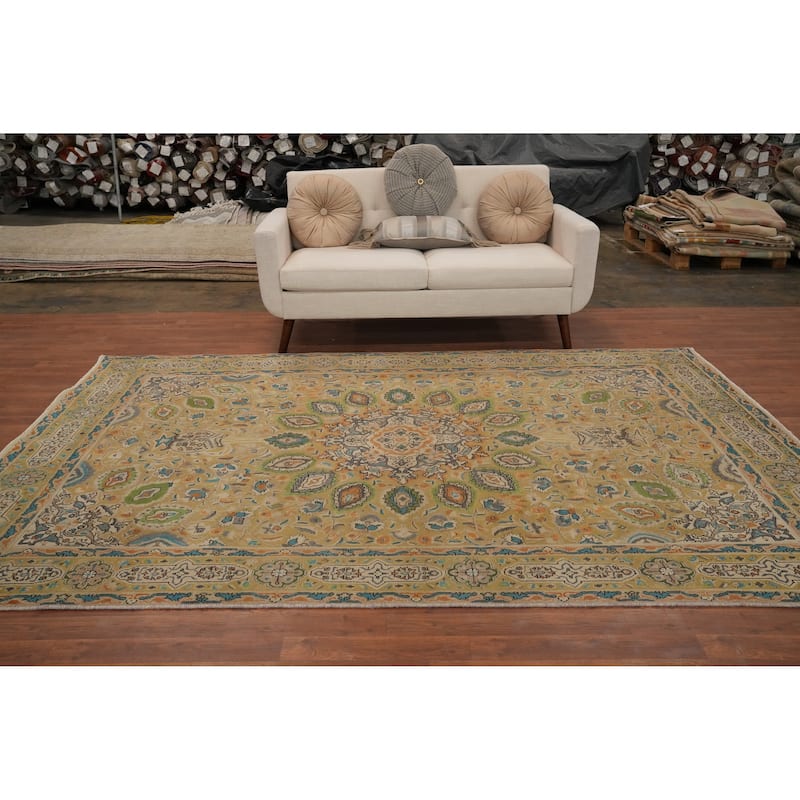 Hand Knotted Oriental 100% Wool Carpet Traditional Floral Yellow & Gold Tabriz Area Rug - 9' 7'' X 6' 5''