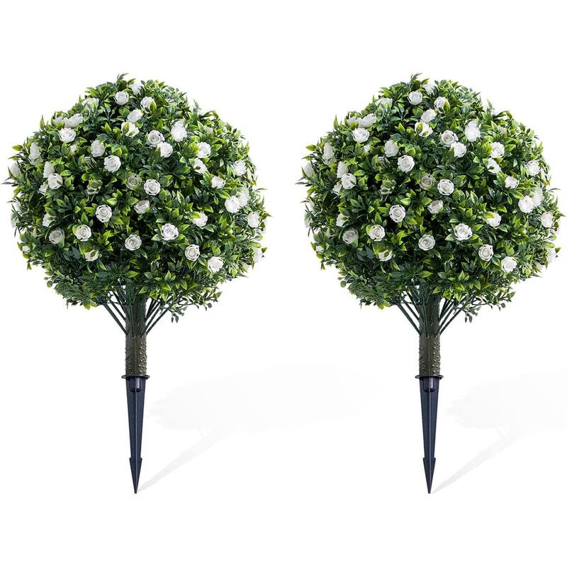 23.6" Artificial Topiary Ball Trees with Rose Flowers Set of 2 - White