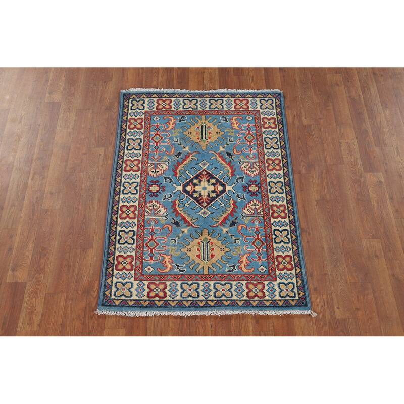 Blue Geometric Kazak Foyer Rug Hand-Knotted Wool Carpet - 2'10" x 3'11"
