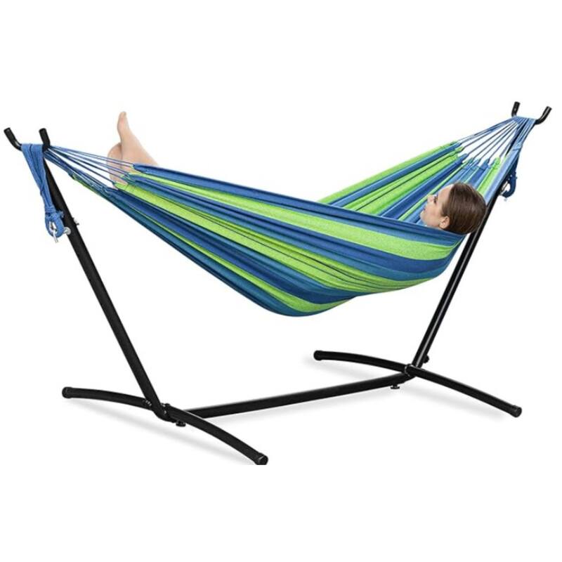 Portable Double Hammocks with Carrying Bag for Outside, 450 lbs Capacity - Blue Stripes
