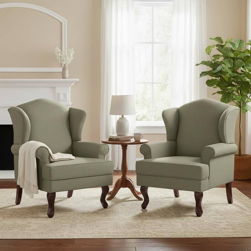 Classic Wingback Accent Chair for Living Room - Set of 2 - Light Camel/ Linen